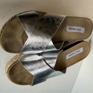 Steve Madden Metallic Silver Crossband Espadrille Slide